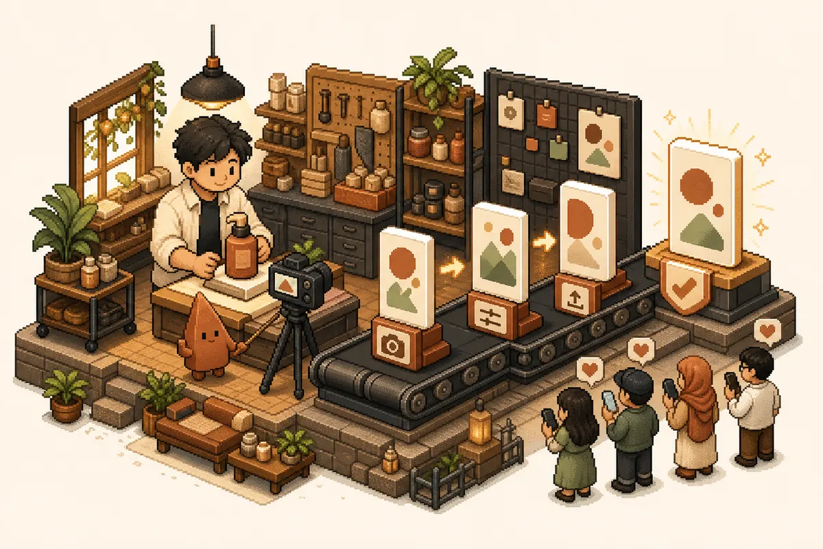 Pixel-art content workshop turning real work into a stream of useful proof