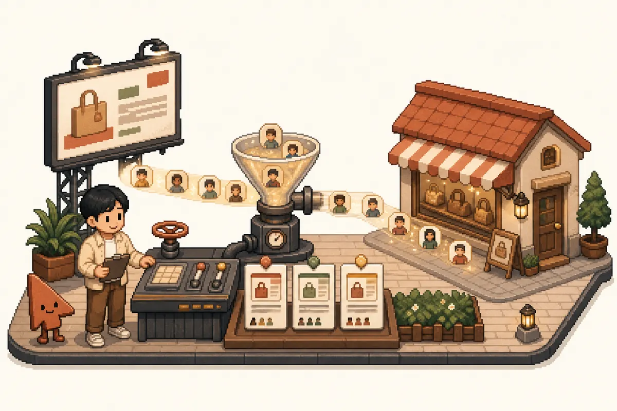 Pixel-art campaign system testing creative and routing suitable customers toward a shop