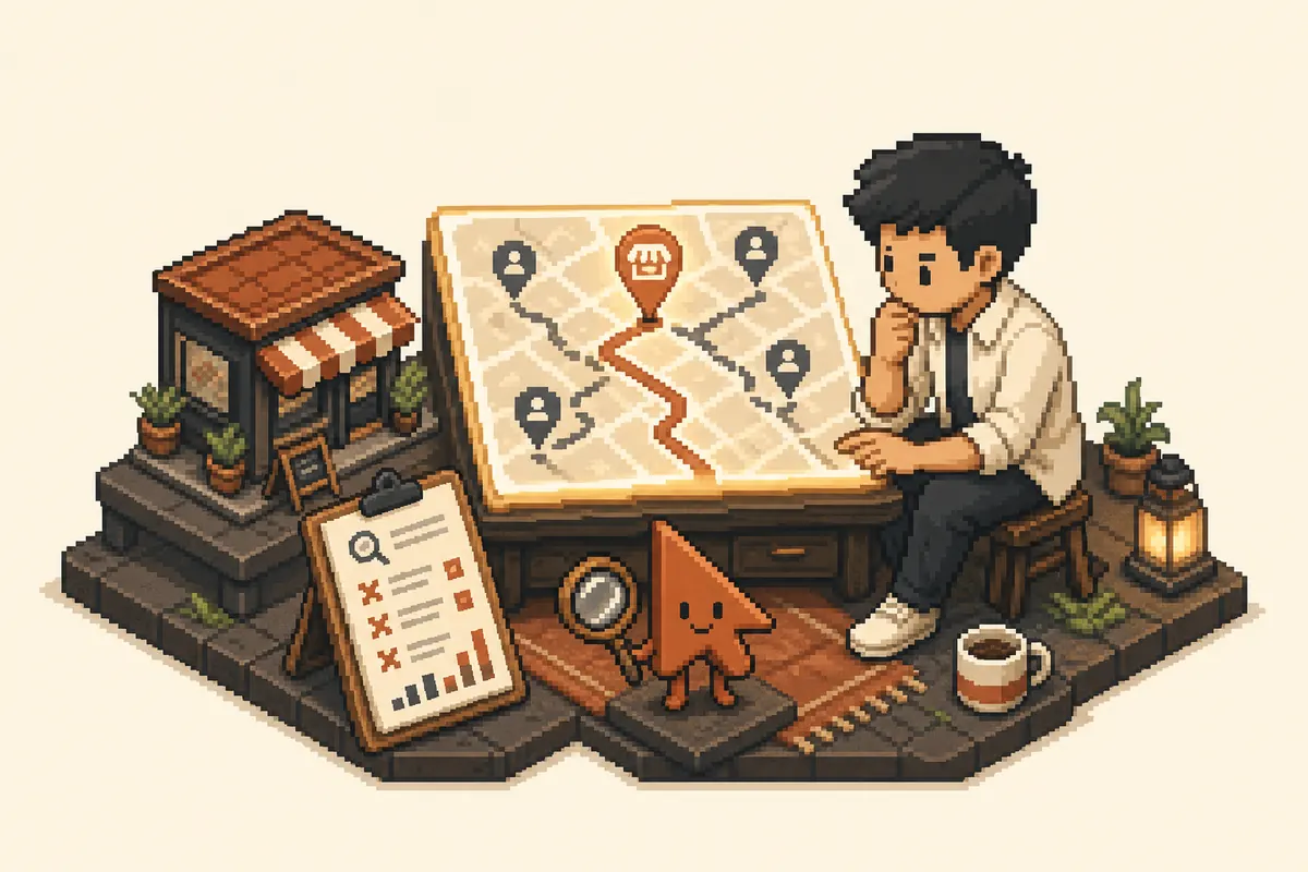 Pixel-art business owner tracing the priority gap on a local search map