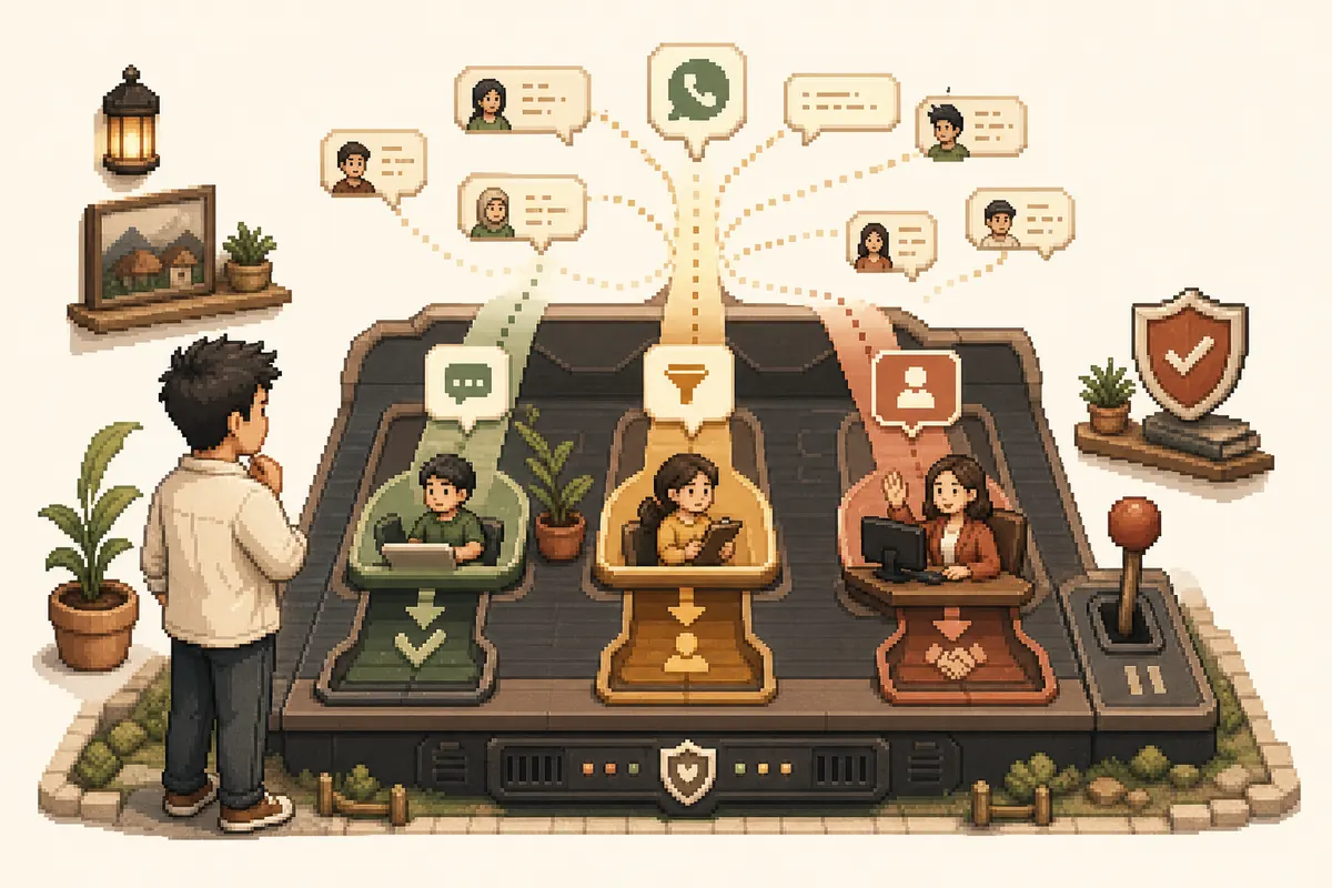 Pixel-art enquiry assistant sorting messages and handing important conversations to a person
